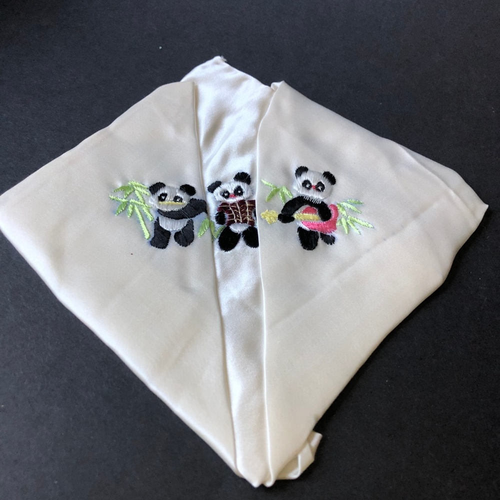 2 Silk Panda Bear Handkerchiefs/ 1970s Hankies